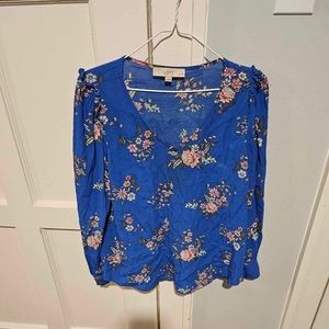 Loft Petites Blue Long Sleeve Floral Blouse V Neck Medium